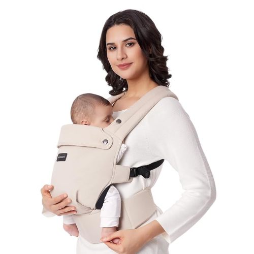 Momcozy PureHug Baby Carrier - Ergonomic, Cozy and Lightweight for 7-45 lbs | Easy to Put On, IHDI Hip-Healthy, 3D EVA Lumbar Support, X-Straps for Even Weight Distribution, 100% Cotton, Khaki