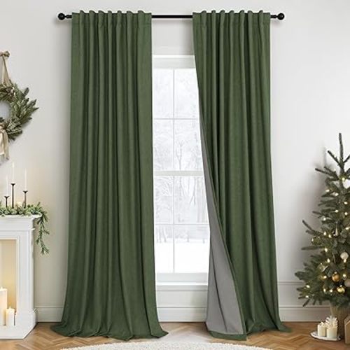 Olive Green Blackout Curtains for Bedroom 96 Inches Long Floor Length 2 Panel Vintage Earth Tone Earthy Academia Dark Out Curtain for Sliding Doors Living Room Darkening Thermal Linen Drape Army Green