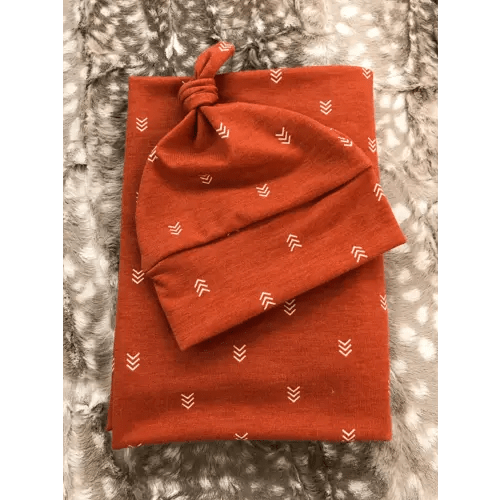 Newborn Swaddle Set, Rust Red, Earth Tones ,Coming Home Outfit, Top Knot Hat, Gender Neutral