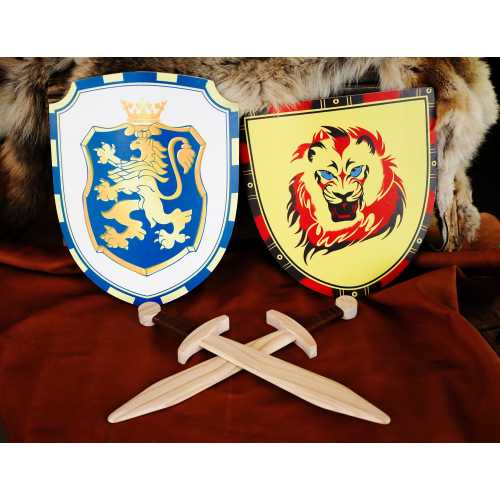 Kid's Sword and Shield Play Pack Kit - Two Wood Short Swords and Two Knight Shields
