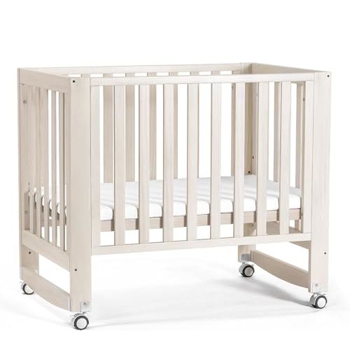 MAMAZING EvoNest Baby Crib, 6 in 1 Convertible Mini Crib with Wheels, 100% New Zealand Pinewood Growing Bed, 4 Adjustable Mattress Height (Washed Nature,Mini)