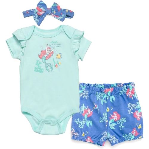 Disney Princess Ariel Belle Tiana Baby Girls Bodysuit Bubble Shorts and Headband 3 Piece Outfit Set Newborn to Infant