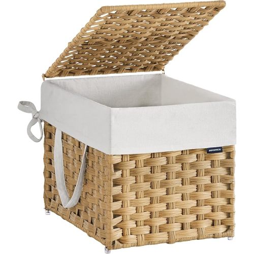 SONGMICS Laundry Hamper with Lid, 23.8 Gallon (90 L) Synthetic Rattan Clothes Laundry Basket with Lid and Handles, Foldable, Removable Liner, Goose Yellow ULCB51NL