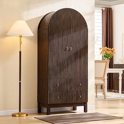 71" Tall Arched Pantry Cabinet, Fluted Kitchen Storage Cabinet with Adjustable Shelves and 2 Large Drawers, Freestanding Morden Versatile Cupboard for Living Room, Bathroom, Brown