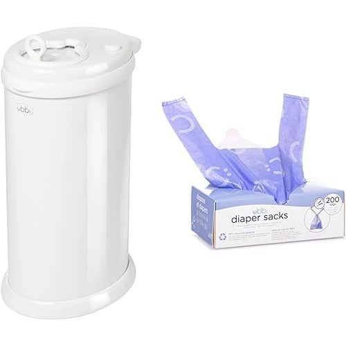Ubbi Diaper Pail Bundle - Steel, Odor Locking, Money Saving, Award Winning Design & Lavender Scented Diaper Sacks