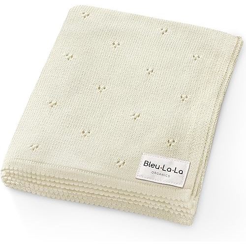 Bleu La La Organic Unisex Pointelle Receiving Swaddle Blanket for Boys & Girls - 100% Luxury Organic Soft Cotton Knit Warm Cuddle Stroller Crib Blanket for Newborns Infants & Toddlers (Butter Cream)