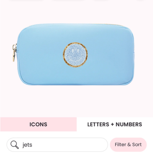 Periwinkle Small Pouch + Periwinkle Glitter Varsity Smiley Face Patch