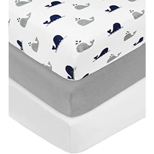 American Baby Company 3 Pack 100% Natural Cotton Fitted Crib Sheets 52" x 28" - Soft, Breathable, Hypoallergenic & Gentle Toddler Bed Sheets, Navy Whale/Gray/White, Neutral for Boys & Girls