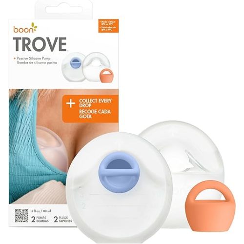Boon Trove Silicone Manual Breast Pump Set - Breast Milk Collector with Storage Plug - Hands Free Breast Pump with Canvas Travel Pouch - Breastfeeding Essentials - 2 Count