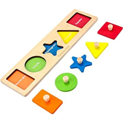 First Shapes Jumbo Knob Wooden Peg Puzzles for Baby Toddler Puzzles Ages 1-3, Montessori Educational Learning Puzzle Geometric Shape Sorting Toy, Great Preschool Gift for Toddler Shape & Color Sorter