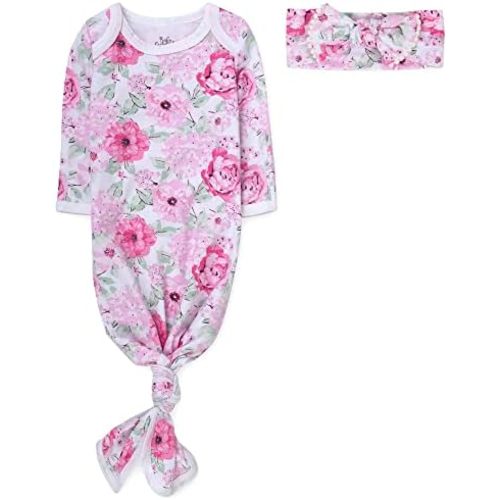 Baby Essentials Knotted Sleeper Gown with Hat or Headband – Newborn Coming Home Outfit for Boys & Girls, Fall/Winter (0-6M)