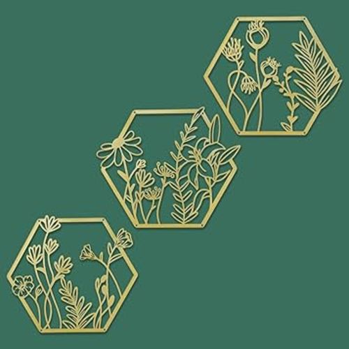 OYEFLY 3 Pcs Metal Flower Wall Decor,Farmhouse Flower Art (Gold)