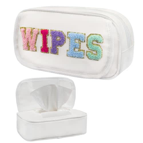 Portable Reusable Wipe Dispenser, Chenille Letter Wipes Container Newborn Baby Essentials Must Haves for Nursery Changing Table Car Travel, White Waterproof Wipe Holder for Mom to Be