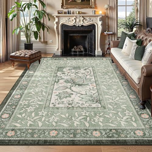 GarveeHome Provence 8x10 Area Rugs for Living Room, Botanical Grove Sage Green Cottagecore Washable Rug for Bedroom Dining Nursery Low-Pile Vintage Large Carpet