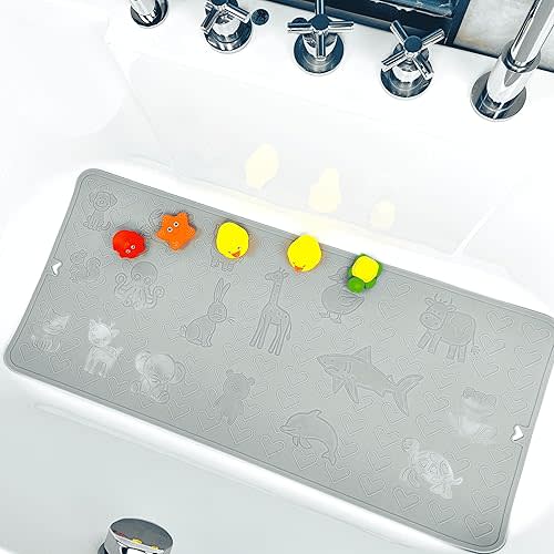 Silicone Non Slip Kids Bath Tub Mat - Anti-Slip Bathtub Mat for Baby Toddler & Adults, Bathroom Shower Safety Mat, Slip-Resistant, 35 x 15 Inches (Grey)