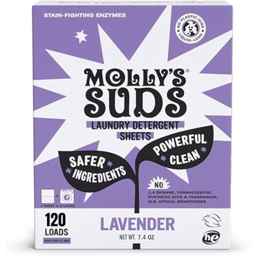 Molly’s Suds Laundry Detergent Sheets | Gentle on Sensitive Skin, Powerful Bio-Based Enzymes, Stain-Fighting | Liquidless & Plastic-Free Packaging | 120 Loads (Lavender)