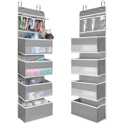 NesTidy Over The Door Organizer Storage, Wall Mount Hanging Organizer with 4 Large Capacity Pocket Organizers and 3 Small Pockets for Baby Essentials, Toys, Cosmetics, and Sundries (Grey, 1 Pack)