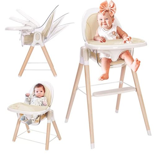 Baby High Chair, 6-in-1 Convertible Wooden High Chair, Recline Chair with Adjustable Hardwood Leg, High Chairs for Babies and Toddlers, Double Dishwasher Safe Tray & Premium Leatherette