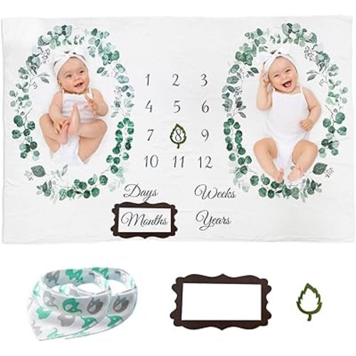 Twins Baby Milestone Blanket for Boys & Girls, Premium Flannel Photography Background Prop Blankets, Neutral Boho Green Leaf Wreath…