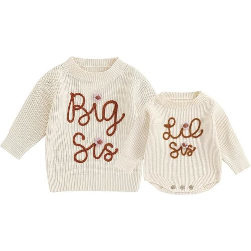 Toddler Baby Girls Knit Sweaters Big Lil Sister Matching Sweater Kids Crewneck Pull-on Oversized Fall Knitwear Tops