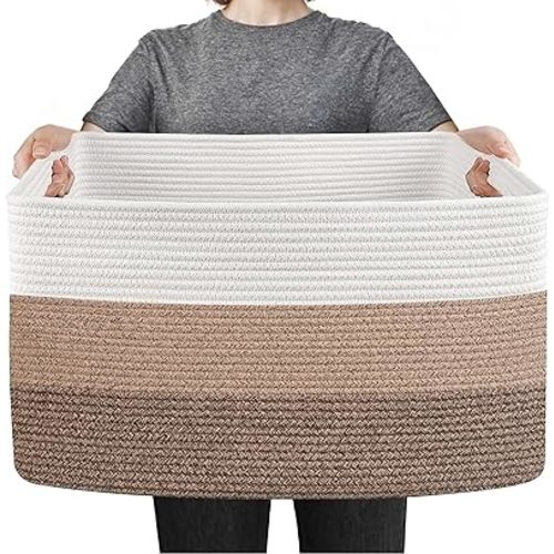Extra Large Blanket Basket, 23.6" x 15.7" x 14.1" Woven Blanket Storage for Living Room, Wicker Throw Pillow Shoe Holder Bin, Big Kids Dog Toy Organizer, Cotton Rope Baskets for Organizing