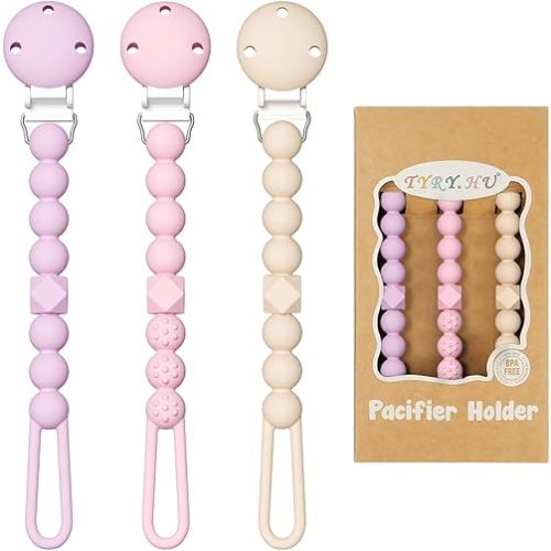 TYRY.HU 3 Pack Silicone Pacifier Holder Clip with One Piece Beads for Boys and Girls, Soft Flexible Pacifier Clip, Rust-Free Binky Clips with Texture, Keeps Pacifier Clean, Fits Most Pacifiers(Pink)
