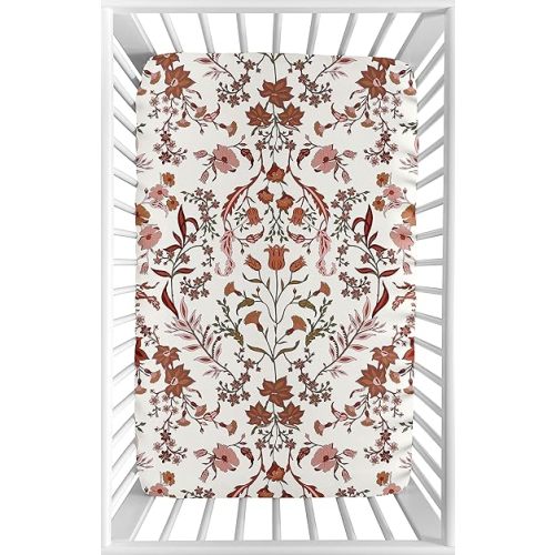 Sweet Jojo Designs Ivory and Orange Boho Vintage Floral Girl Fitted Mini Crib Sheet Baby Nursery Infant Newborn Bed Room Portable Pack n Play Mattress Bohemian Rust Leaf Botanical Green Fringe Tassel