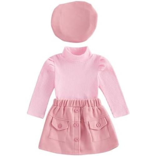 Fernvia Toddler Baby Girl Fall Winter Skirt Set Turtleneck Ribbed Long Sleeve T-Shirt Top & Plaid Skirts Dress 2Pcs Outfits