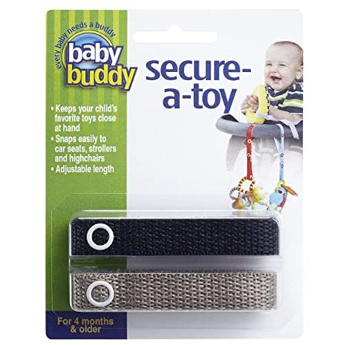 Baby Buddy Secure-A-Toy, Safety Strap Secures Toys, Teether, or Pacifiers to Strollers, Highchairs, Car Seats, Adjustable Length to Keep Toys Sanitary Clean, Registry Must Haves, Black-Tan, 2 Count - Black/Tan