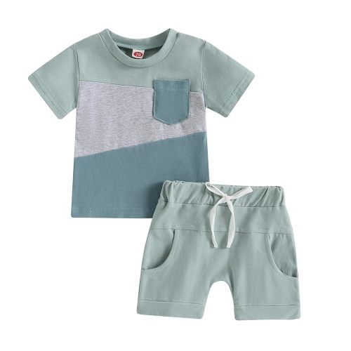 fhutpw Baby Toddler Boy Clothes Summer Outfits 6 12 18 24 Months Patchwork Short Sleeve T Shirt & Shorts Sets with Pockets