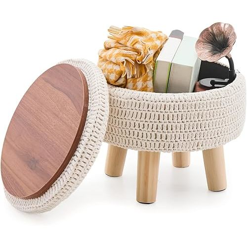 Wimarsbon Pouf Ottoman, 100% Cotton Knitted Boho Footstool, Round Footrest with Non-Skid Wood Legs, Home Décor Handmade Pouffe, Leisure Floor Step Stool for Living Room (Storage Beige)