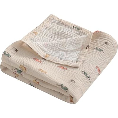 NTBAY 2 Layer Muslin Cotton Baby Swaddle Blanket, 30x40 Soft and Breathable Receiving for Newborns and Infants, Perfect for Crib, Stroller, Travel, Lightweight Nursery Blanket, Retro Race Car