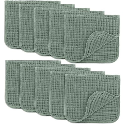 Comfy Cubs Muslin Burp Cloths Set Large 100% Cotton Hand Washcloths for Babies, Baby Essentials 6 Layers Extra Absorbent and Soft Boys & Girls Baby Bibs & Burp Cloths Set (Fern, 10-Pack, 20" X10")