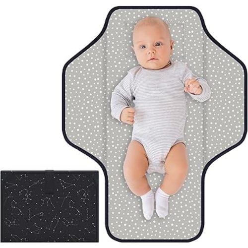 Baby Portable Diaper Changing Pad, Foldable Travel Diapering Changing Mat with Built-in Pillow, Waterproof Compact Changing Pad for Newborn Baby Changing Station, Infant Gift(Black Astral)