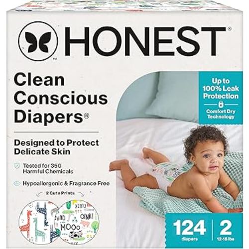 The Honest Company Clean Conscious Diapers for Sensitive Skin | Hypoallergenic, Fragrance Free | Gender Neutral Prints | Super Club Box, Size 2 (12-18 lbs), 124 Count (Prints May Temporarily Vary)