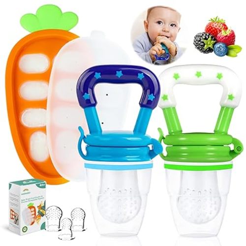 Baby Fruit Feeder/Food Feeder Pacifier for Babies (2 Pack) - HAOBAOBEI Mesh Teethers for Babies, Infant Teething Toy in Appetite Stimulating Colors, Bonus Includes 3 Sizes Silicone Pouches