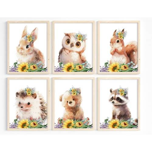 Sunflower nursery art, Woodland girl nursery room decor, Woodland animals wall art prints, Sunflowers, Baby girl nursery decor, Printable