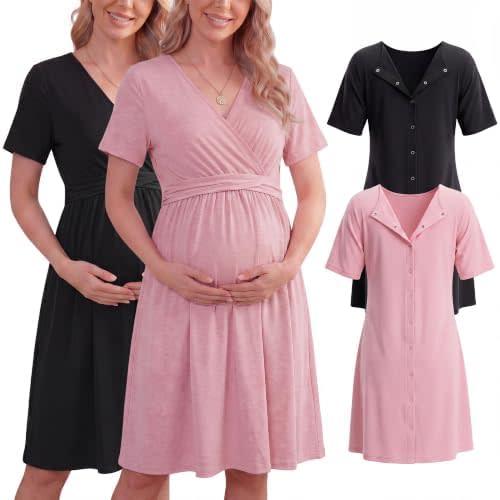 Cutecrop 2 Pack Labor and Delivery Gown for Hospital Maternity Nursing Dress Nightgown Button Back Birth Recovery Sleepwear