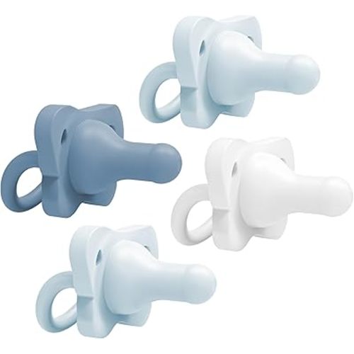 Dr. Brown's HappyPaci 100% Silicone Baby Pacifier, Contoured One-Piece Design, Light-Blue, Blue, White, 0-6m, BPA-Free, 4-Pack