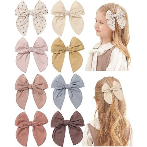 Doboi 8PCS Baby Girls Hair Clips Fable Hair Bows Cotton Linen Bows for Girls Hair Accessories for Baby Toddlers Kids （Includes Stamp Duty Hair Clip）