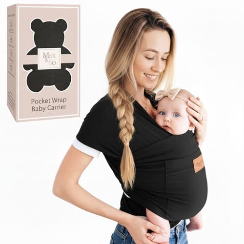 Baby Wrap Carrier - Premium Cotton Baby Carrier Wrap for Newborn to Toddler- Infant Carrier- Baby Holder One Size Fits All with Front Pocket (Black) by Max&so