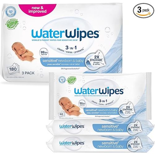 WaterWipes Sensitive+ Newborn & Baby Wipes, 3-In-1 Cleans, Cares, Protects, 99.9% Water, Unscented & Hypoallergenic, 180 Count (3 Packs)
