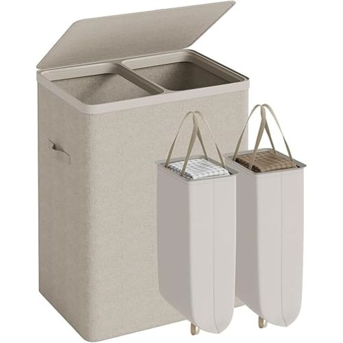Double Laundry Hamper with Lid, 150L Laundry Basket 2 Compartments, Dirty Clothes Hamper with Handles and Removable Liners for Laundry Room, Easy Assembly, Beige