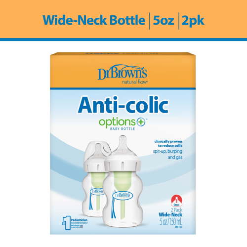 Dr. Brown's 5oz Anti-Colic Wide-Neck Baby Bottle, Level 1 Nipple, 2-Pack, for 0m+ with Natural Flow Options