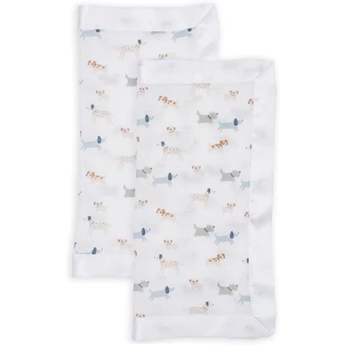 Lulujo Security Lovey Blankets | Unisex Softest Breathable Cotton Muslin Security Blanket Set with Silky Satin Trim | Neutral Comforting Blanket for Girls & Boys | 16in x 16 in | Puppy Dogs