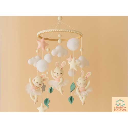 Bunny Mobile, Pink Mobile, Ballerina Mobile, Pregnancy Gift, Baby Girl Mobile, Pom Pom Mobile, Baby Mobile, Nursery Mobile, Hanging Mobile
