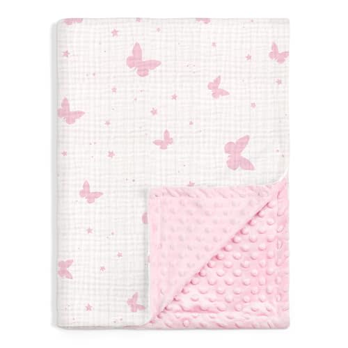 Butterfly Baby Blankets for Girls, Soft Nursery Minky Blankets with Muslin and Dotted Fleece Back 30x40 inches, Receiving Bed Quilt for Newborn, Infants, Toddlers