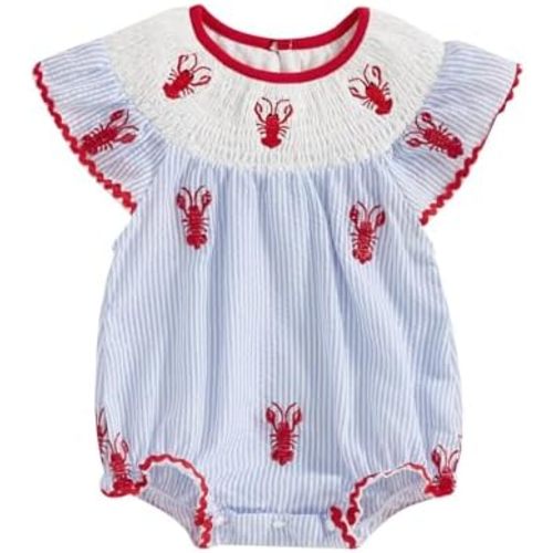 YOKJZJD Newborn Baby Girl Crawfish Smocked Bubble Romper Lobster Ruffle Short Sleeve Bodysuit Jumpsuit Summer Outfits