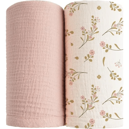 Konssy 2 Pack Muslin Swaddle Blankets for Baby Boys Girls, Receiving Blanket Large 47 x 47 inches, Soft Breathable Muslin Baby Blanket for Unisex Newborn(Pink, Floral)