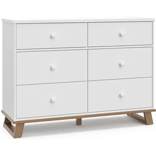 Storkcraft Modern 6 Drawer Double Dresser (White with Vintage Driftwood) – GREENGUARD Gold Certified, Modern Double Dresser for Nursery and Kids Bedroom, Wide Dresser Organizer for Children’s Bedroom